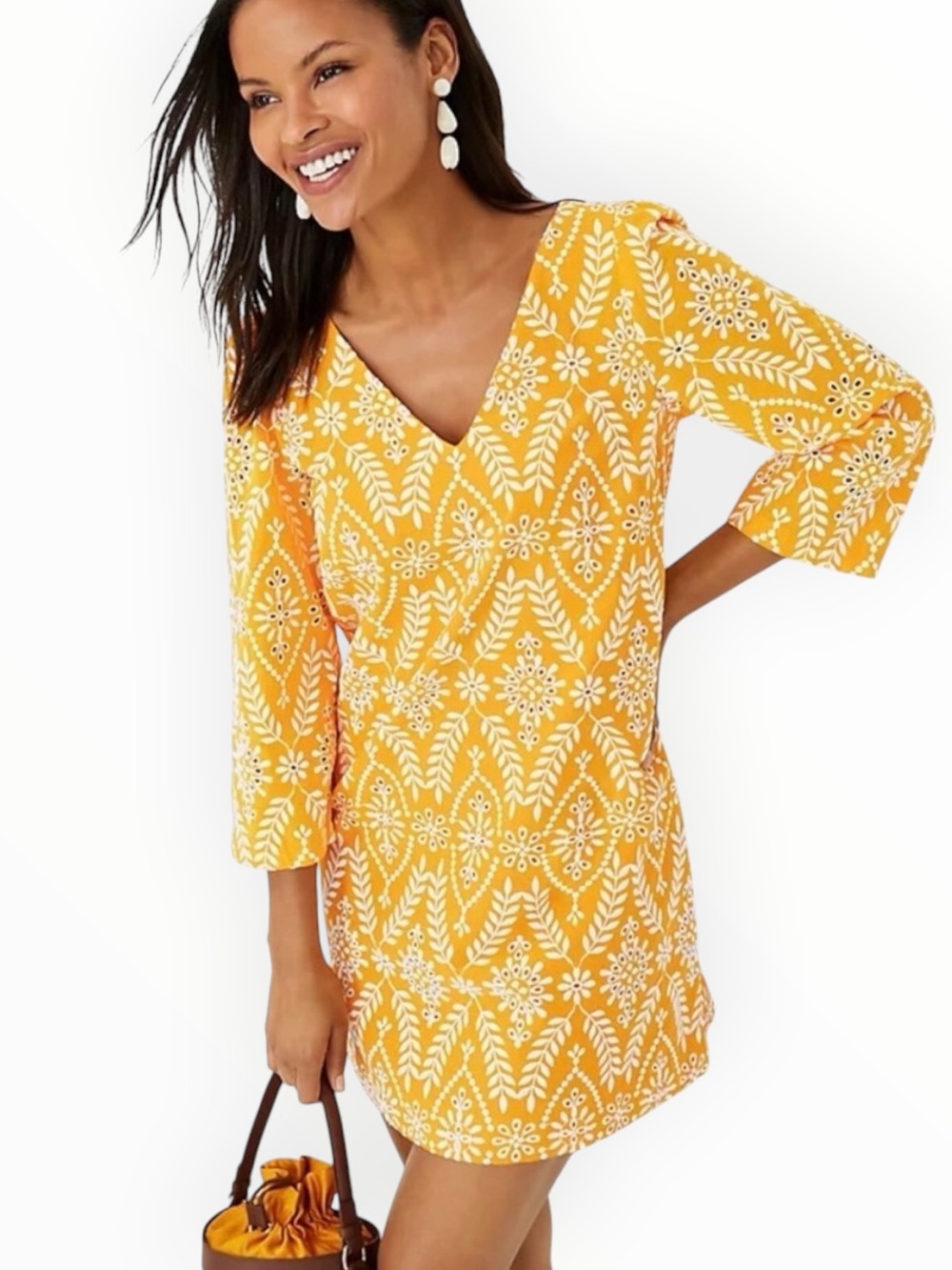 ANN TAYLOR Yellow Floral Embroidered V-Neck Mini A Line Dress Resort Travel M - Picture 5 of 11